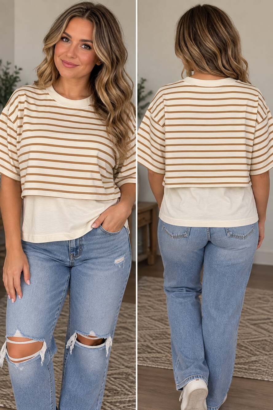 Pistola Camryn Stripe Layered Cotton Top Size S Cream Brown